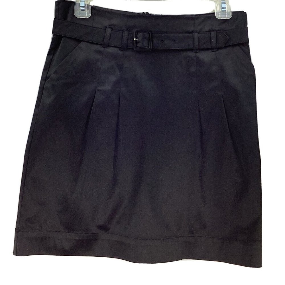 H&M Black Satin Skirt Women's Size 8 Mini Length 19" Matching Belt Pockets Lined